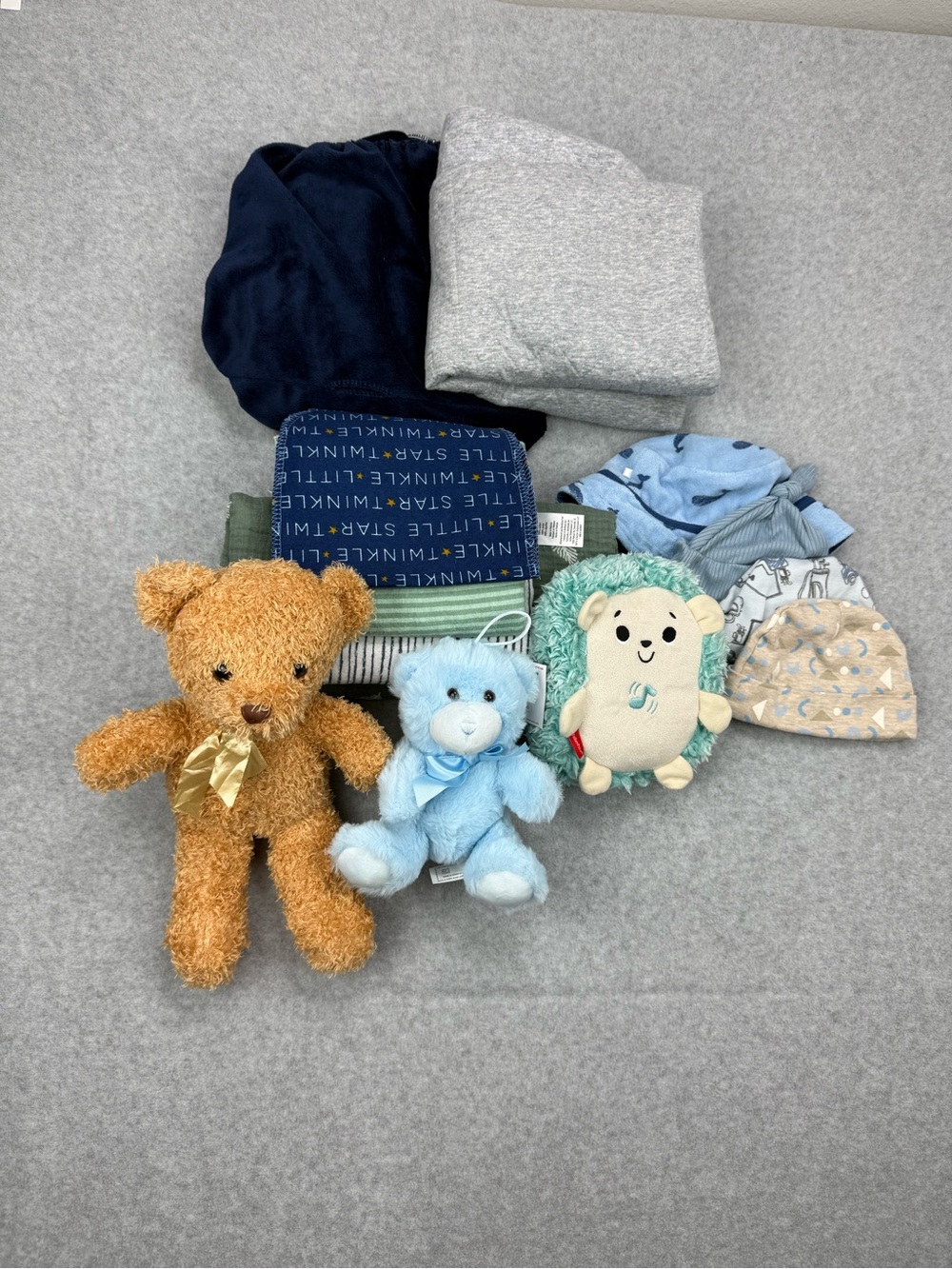 Baby Boy Newborn Bundle Blankets Hats Plush Toys Mixed Lot Blue Gray